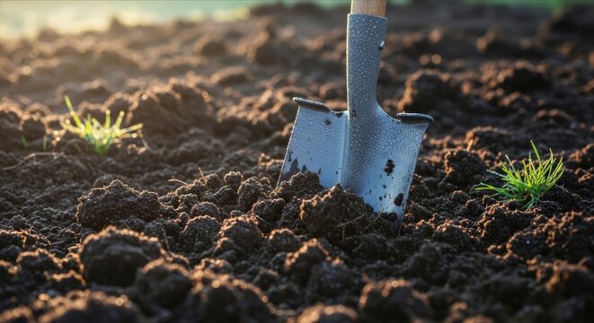 Close-Up of Metal Shovel in Freshly Tilled Dark Soil with Grass