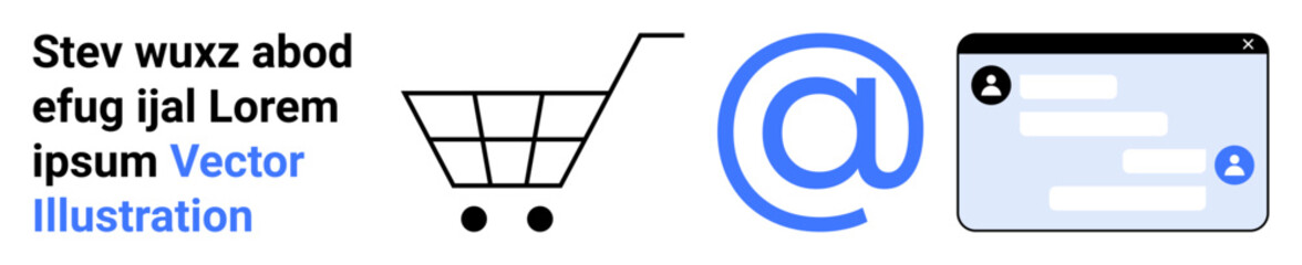 E-commerce, online shopping, communication tools, digital connectivity, user interface, email concepts. Shopping cart, at symbol chat interface. E-commerce and communication tools concept © robu_s
