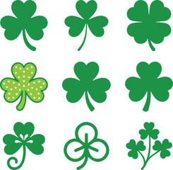 Set of nine green shamrock and clover icons in various decorative styles, illustrated in a clean flat design, perfect for St. Patrick&rsquo;s Day themes, Irish celebrations, lucky symbols, and festive vecto