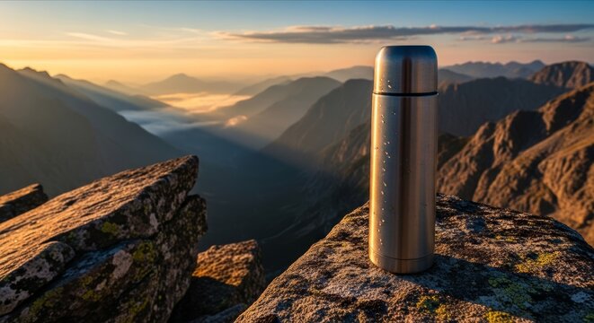 Stainless Steel Thermos on Rocky Mountain Summit at Sunrise