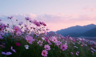 Obraz premium a field of cosmos flowers in full bloom, with the sun setting behind mountains in the background