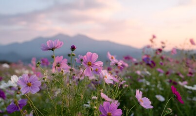 Obraz premium a field of cosmos flowers in full bloom, with the sun setting behind mountains in the background