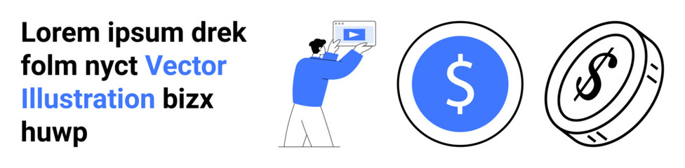 Obraz premium Man presenting tablet with play button symbol and coins with dollar signs. Ideal for technology, finance, online education, media, e-commerce, investment, and marketing. Perfect for a simple landing