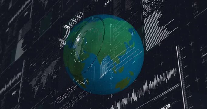 HUD starting 3D globe rotating, rings, dotted arc and bars animating, charts updating for analytics