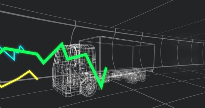 Neon jagged lines appearing from left and sweeping across wireframe truck, showing telemetry data