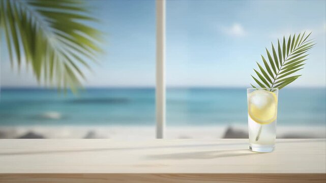Refreshing summer cocktail on beachside table with palm tree