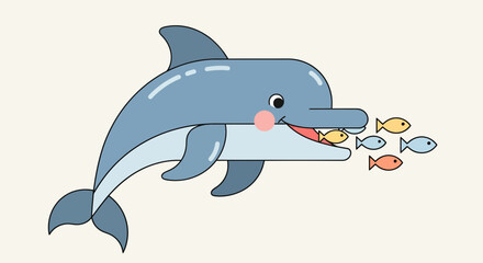 Obraz premium Cartoon dolphin catching fish in mouth illustration; cute marine animal character with blue and yellow colors for kids and educational concept