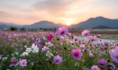 Fototapeta premium a field of cosmos flowers in full bloom, with the sun setting behind mountains in the background