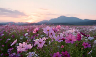 Fototapeta premium a field of cosmos flowers in full bloom, with the sun setting behind mountains in the background