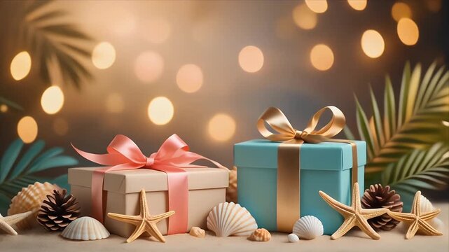 Beautiful beach gift boxes with ribbons and seashells decoration