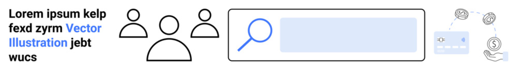 User experience, business analysis, online search, information retrieval, teamwork, entrepreneurship. Group icons, search bar and financial symbols. User experience and business analysis