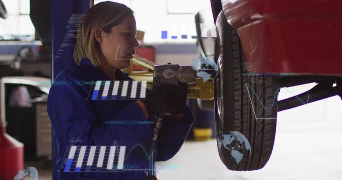 Mechanic positioning impact wrench on red car wheel tightening lugs, HUD graphics showing torque