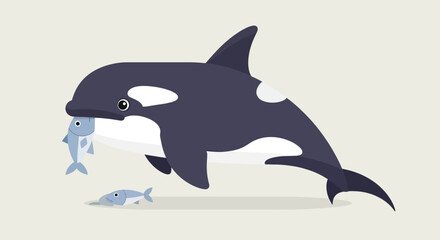 Naklejka premium Cartoon orca whale eating fish in vector style; killer whale with prey in mouth; cute marine animal on beige backdrop for kids design