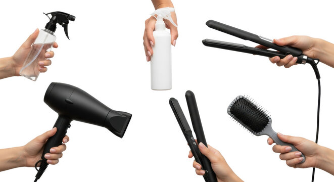 Well-manicured hands with diverse skin tones display professional hair styling tools: ceramic flat iron, matte hair dryer, and spray bottles on a white background, a luxurious salon experience concept