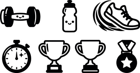 Fototapeta premium Minimalist line art fitness icon set close up dumbbell water bottle running shoe stopwatch trophies and medal isolated on white