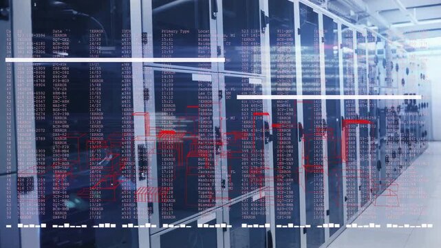System activating, server racks showing HUD overlays intensifying and marking zones for diagnostics