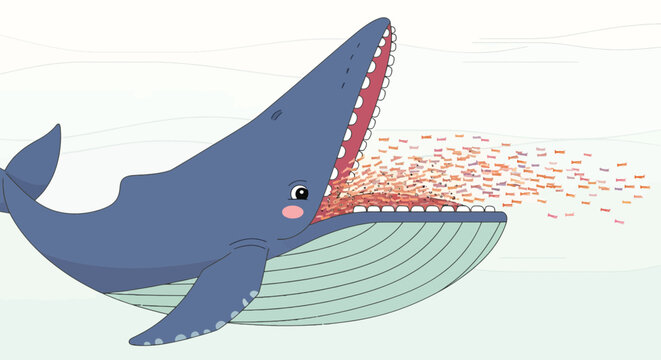 Cartoon whale swimming with mouth open and eating small fish vector illustration in cute whimsical style light background nature concept