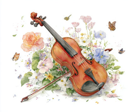 Watercolor painting of violin surrounded by colorful flowers and butterflies, creating serene and artistic atmosphere. vibrant hues of flowers complement warm tones of violin beautifully