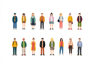 Stylized group of diverse people standing various poses, showcasing different clothing styles and accessories. illustration features mix of genders and outfits, creating vibrant and inclusive