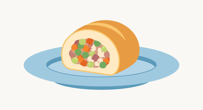 Chicken galantine slice on light blue plate illustration showcasing stuffed poultry roll filled with colorful vegetables for food presentation