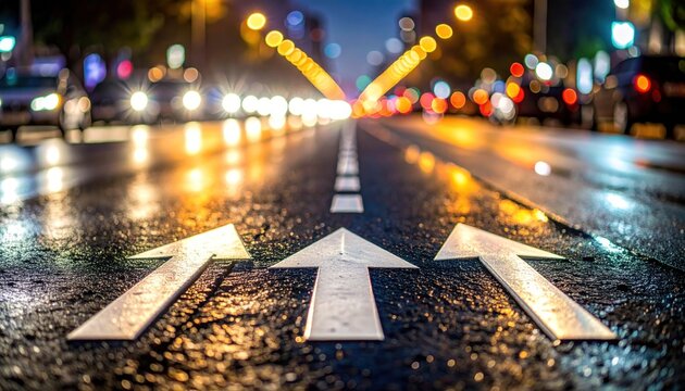 Three white arrows pointing forward on a wet road at night with blurred lights in the background