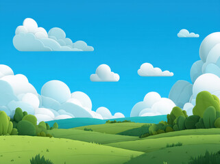 Obraz premium Vibrant green meadow stretches bright blue sky filled with fluffy white clouds, creating serene and peaceful landscape. lush grass and gentle hills evoke sense of tranquility and connection to