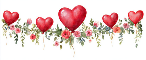 Watercolor red heart shaped balloons with roses and greenery create romantic and cheerful atmosphere, perfect for celebrations and special occasions
