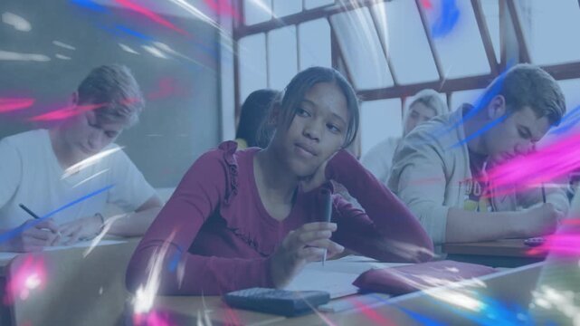 Student starting calc-writing pausing pen-twirling streaks sweeping student framing for classwork