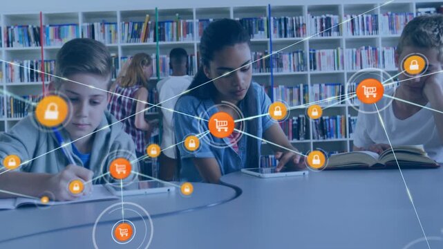 Trio studying at table in library, cart icon appearing on tablet, multiplying into padlock network