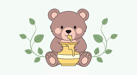 Cute cartoon bear sitting with honey pot illustration  adorable brown bear cub eating honey  vector art for kids baby shower greeting card © Muhammad