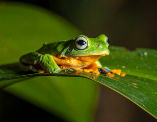 Vivid close-up shows a vibrant green and orange frog perched on a tropical leaf