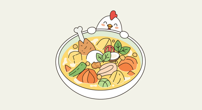 Cute cartoon chicken character peeking over a bowl of chicken sopas with vegetables and egg in a light yellow broth an illustration for food promotion.