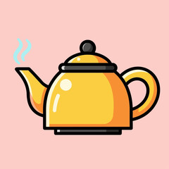 Obraz premium A vibrant yellow teapot with a black lid and handle, emitting light blue steam from its spout, set against a soft pink background.