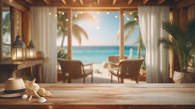 Cozy beachside retreat with seashells and hat on wooden table