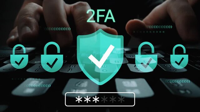 Secure Two-Factor Authentication Concept with Hands Typing on Keyboard, Digital Shield and Padlock Icons Representing Enhanced Security Features Gluon.