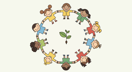 Fototapeta premium Diverse children holding hands in a circle around a sprout vector illustration for environmental care and global community themes