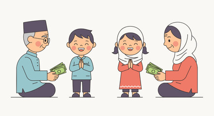 Fototapeta premium Elderly Muslims giving money to children illustration in cartoon style for Eid al-Fitr celebration with soft pastel colors