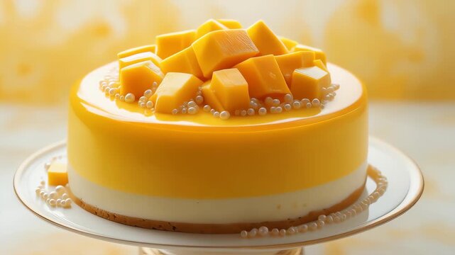 A mango mousse cake with glossy yellow glaze, decorated with fresh mango cubes and sugar pearls. Background gradient of golden yellow and cream.