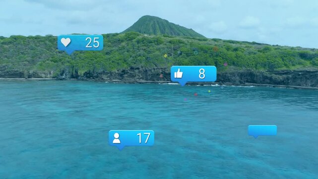 Single blue bubble sparking reactions popping, drifting over turquoise sea, showing rising likes