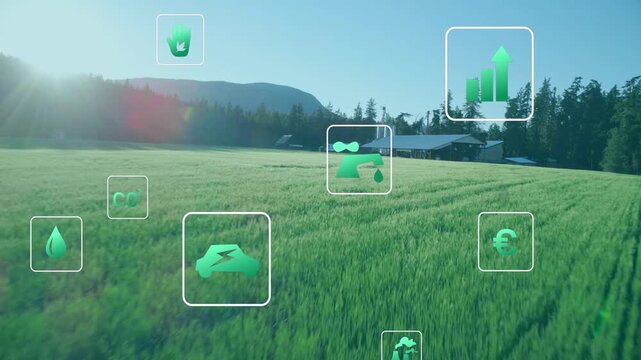 Camera moving forward, icons appearing, clustering and highlighting to map farm metrics