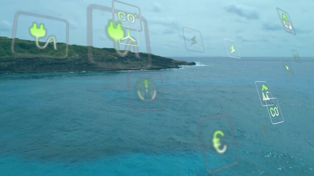 Environmental icons appearing at edges, floating across coastal headland, visualizing energy flow