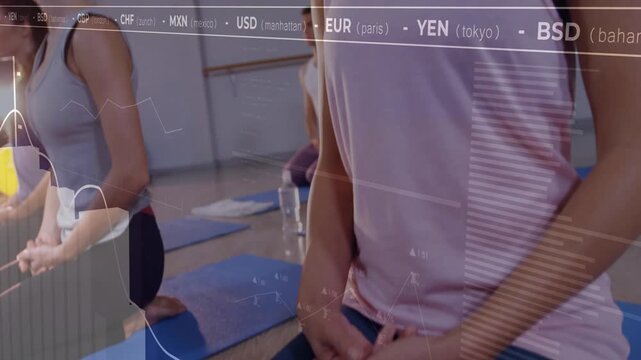 Lead woman kneeling meditating on blue mat, finance overlay appearing, charts animating over class