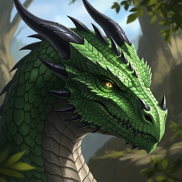 Fierce green reptilian creature portrait displays formidable dark horns against a natural background