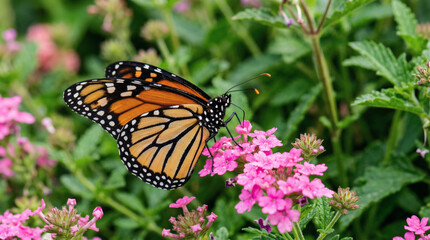 Fototapeta premium Monarch butterfly feeding on pink garden flowers