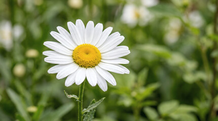 Fototapeta premium Single white daisy flower with yellow center in green garden