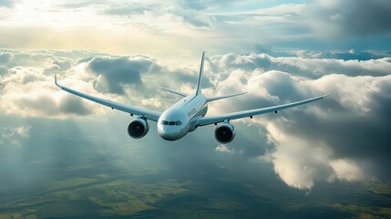 Fototapeta premium Airliner soars through cloudy skies above green landscape with sunlight