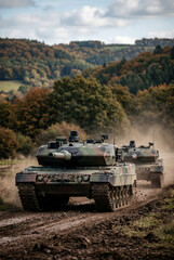 Obraz premium German leopard tank drives at a beautiful landscape