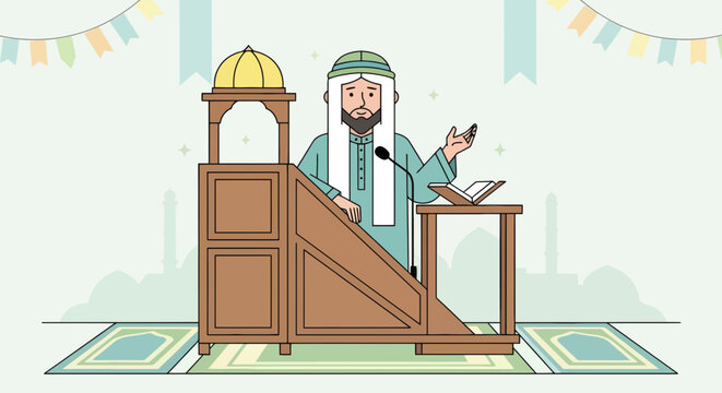 Muslim cleric delivering sermon from minbar with book and microphone in mosque vector illustration; Islamic religious leader; prayer