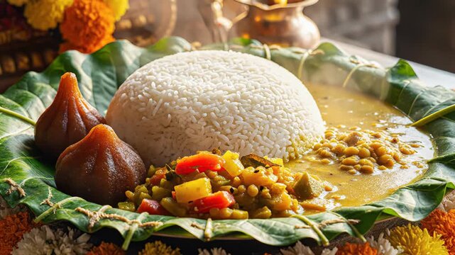 Traditional Indian Full Meal Offering With Rice Dal Modak Vegetable Curry Served on Banana Leaves With Marigold Flower Decorations and Soft Warm Lighting