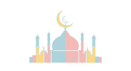 Pastel-colored mosque silhouette with crescent moon for Eid al-Fitr celebrations; Islamic architecture icon vector illustration for festive designs